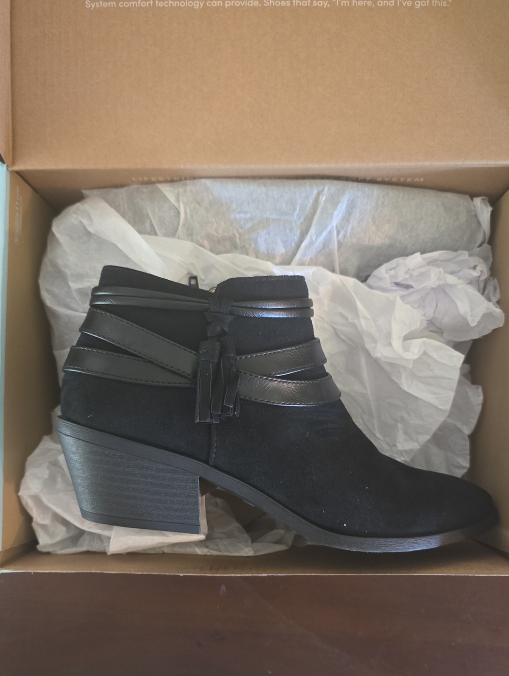 Life Stride Black Suede Ankle Boot with Tassel Wrap Straps